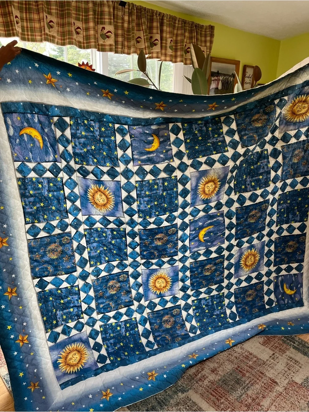 Celestial Sun & Moon Blue Patchwork Quilt Queen Size 86x94 handmade no tag/maker